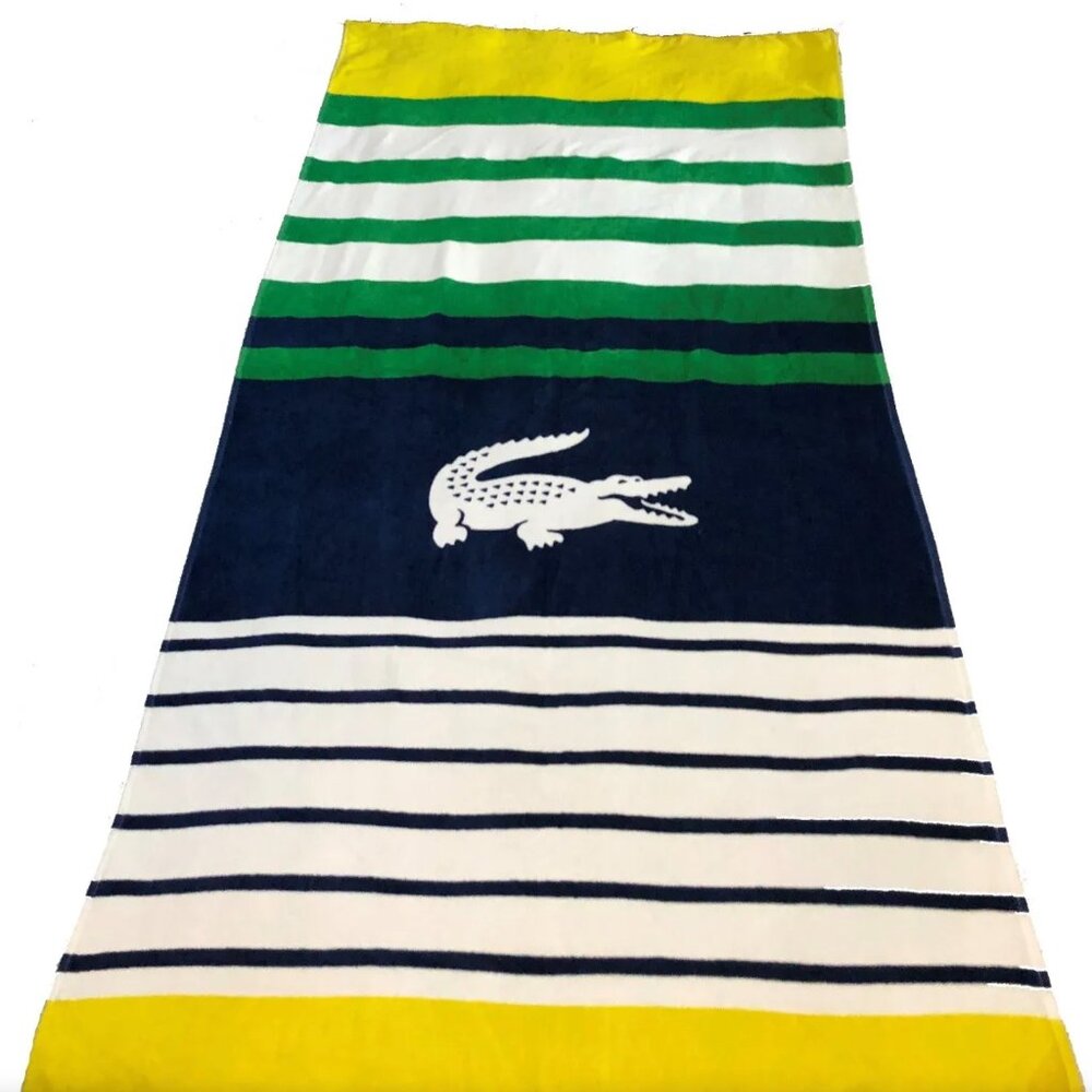 Lacoste Beach Towel 36" x 72" Multi-Color Stripe & Gator Logo 100% Cotton Beach